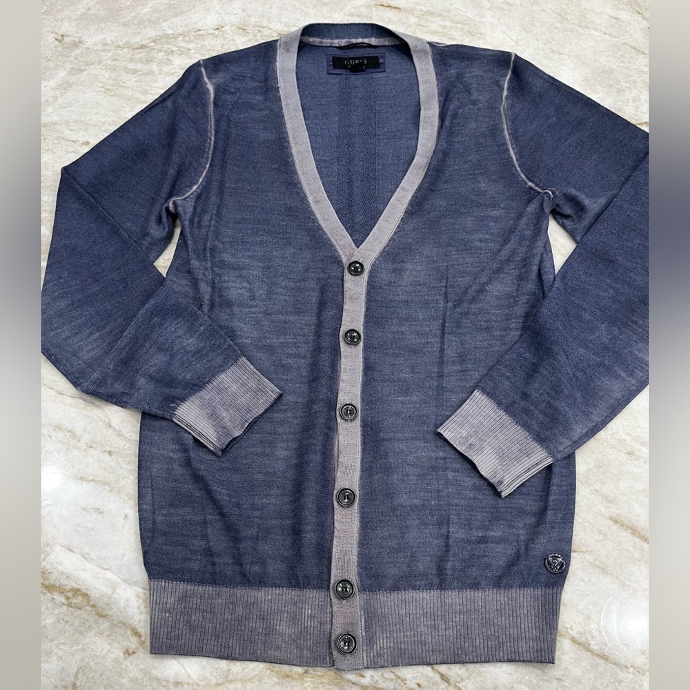 Guess Men’s Blue Gray V-Neck Cardigan Unique Dyed Look‎ Size Small